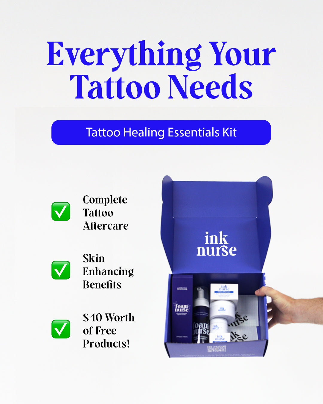 Tattoo Healing Essentials Kit by 'ink nurse' with a hand holding the box on a white background.