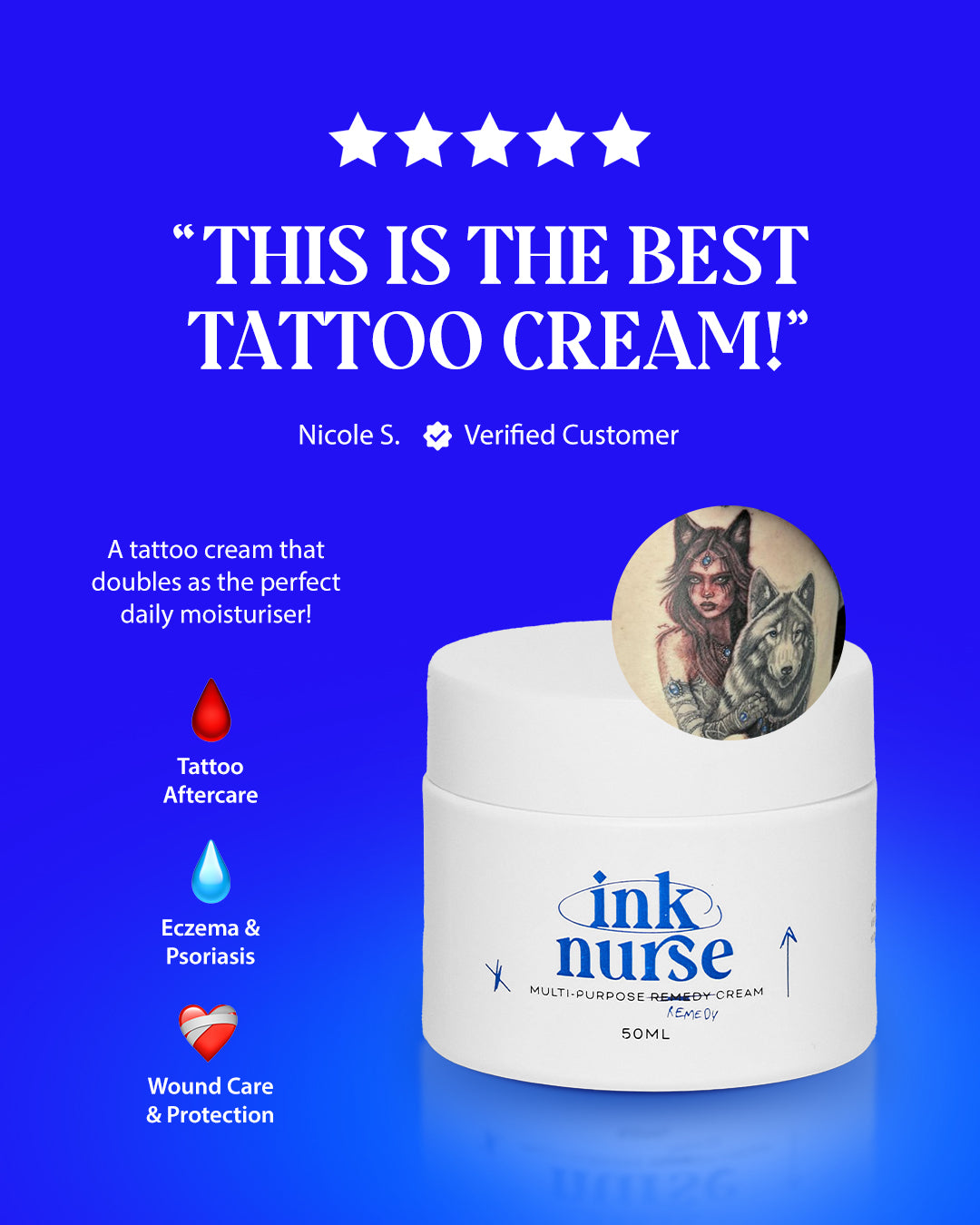 Ink Nurse tattoo cream jar with customer review on a blue background