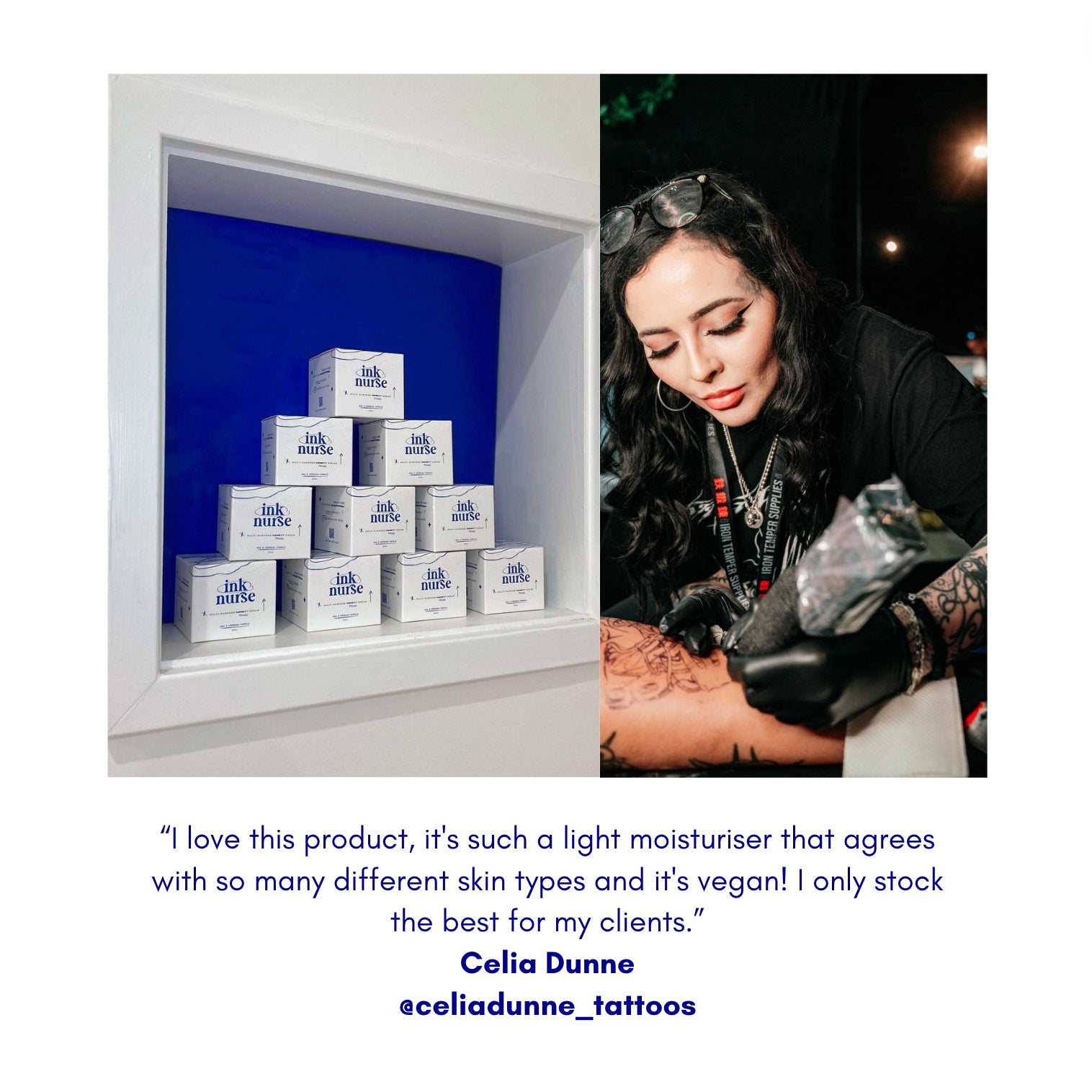 Ultra Tattoo + Body Care Bundle Box by ink nurse, showcasing celia dunne tattoo artist who recommends ink nurse as the best aftercare, and products on display in a tattoo studio.
