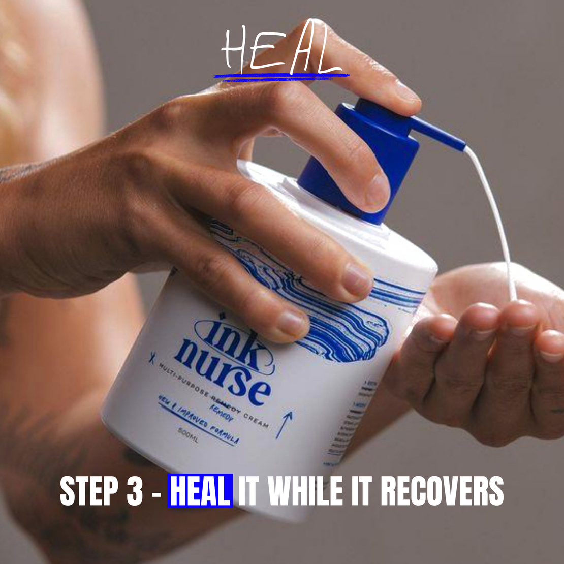 A person's hands are shown holding and squeezing a white pump bottle labeled 'ink nurse' with blue graphics. White tattoo aftercare cream is being dispensed into another hand to show that this cream is a professional tattoo aftercare product.