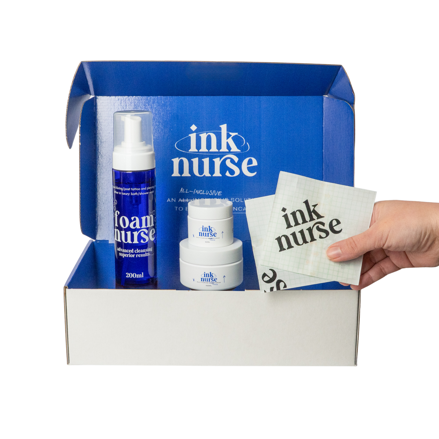 Ink nurse tattoo care product set with foam nurse bottle, cream jars, and wipes in a box. The best aftercare in Australia.