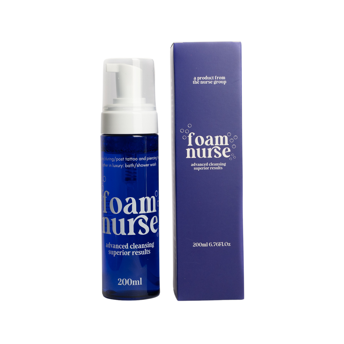 Product image showing a blue spray bottle labeled 'foam nurse' next to its purple packaging box made by ink nurse tattoo aftercare, the best aftercare in Australia, this foam wash is perfect to clean a fresh, new tattoo