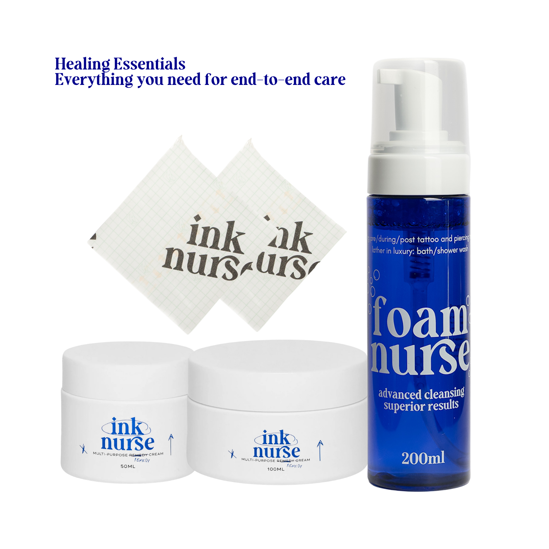 The image shows a collection of tattoo aftercare products from the Tattoo Healing Essentials Kit, including bottles and jars of creams and a foaming cleanser, packaged with branding by Ink Nurse - the best tattoo aftercare in Australia.