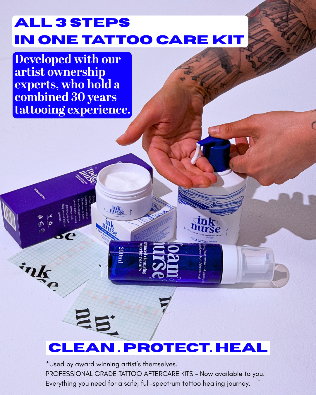 ink nurse tattoo aftercare mega bundle kit. all you need for a safe healing journey with ink nurse best tattoo aftercare cream and foam wash tattoo soap and second skin for free tattoo film protection.