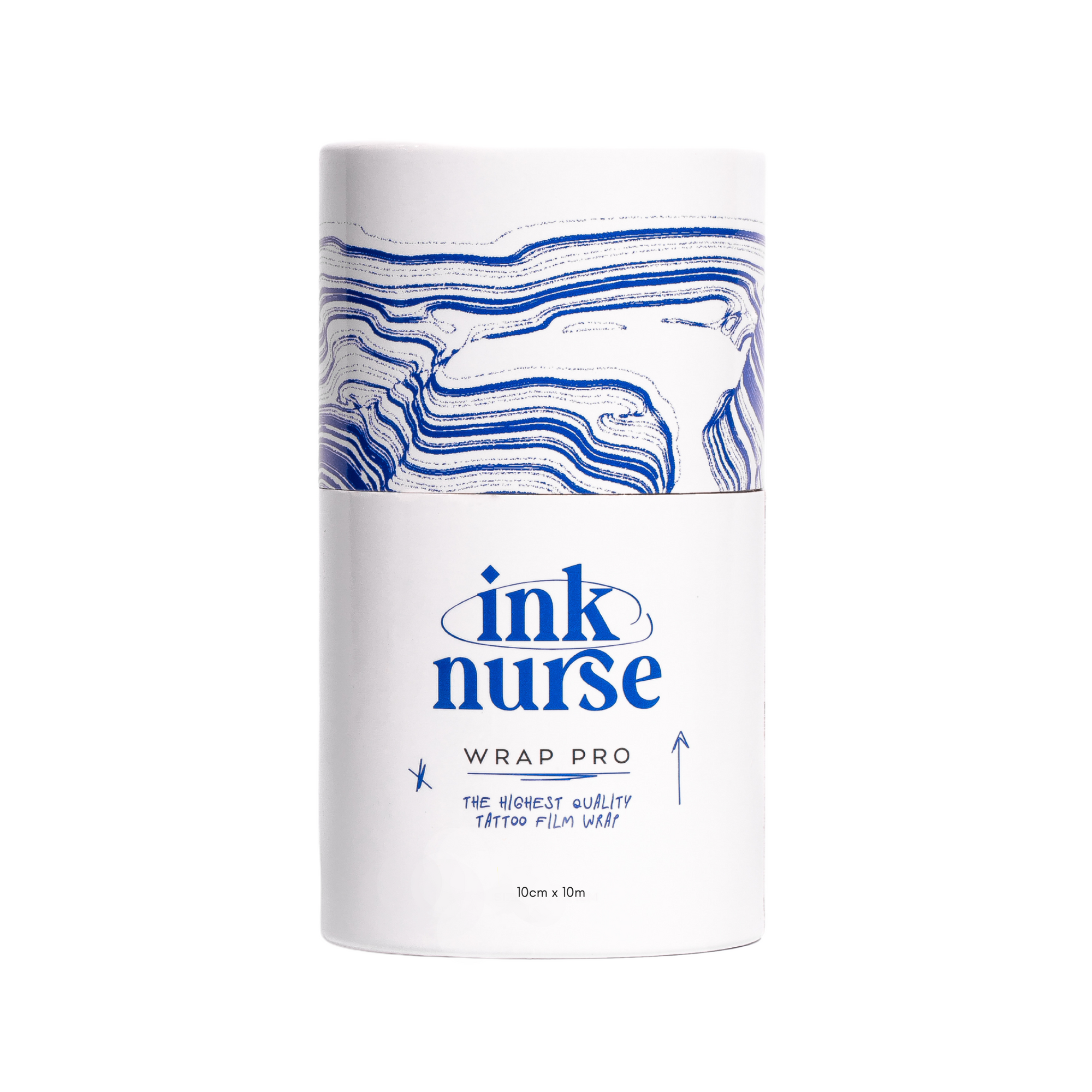 A roll of Ink Nurse Tattoo Wrap Pro, which is a transparent, flexible aftercare wrap for tattoos. The packaging is predominantly white with blue wave patterns and the product name is displayed prominently.